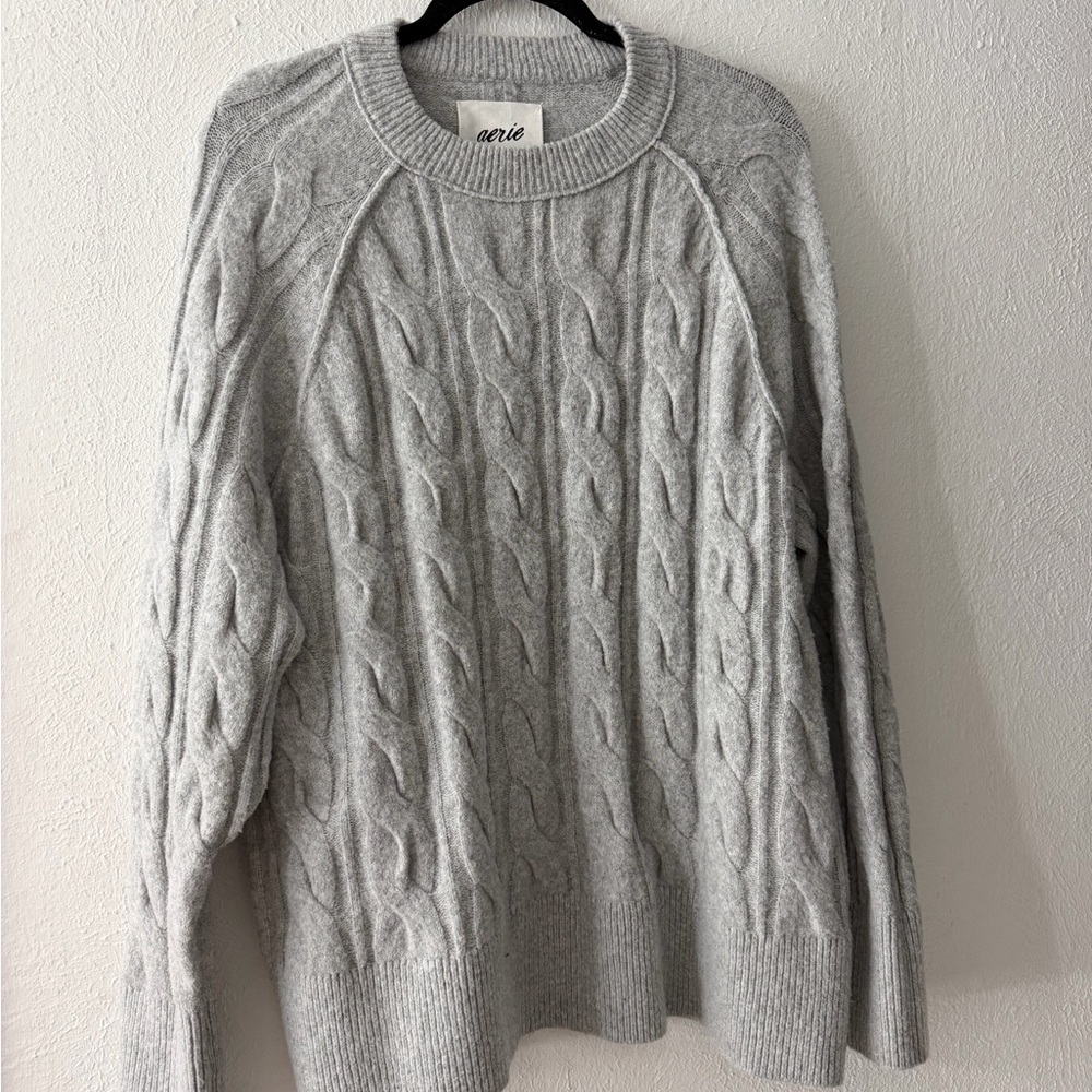Aerie Light Gray Cable Knit Crewneck Sweater